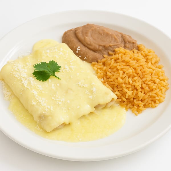 Two cheese enchiladas topped with white sauce, cilantro, refried beans, and Spanish rice.